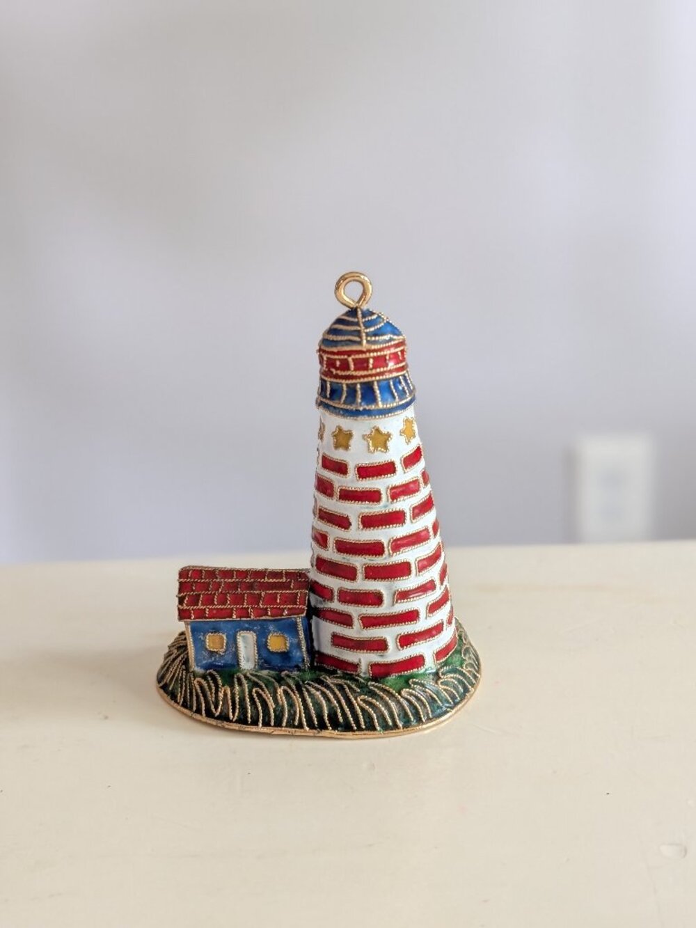 Cloisonné Lighthouse Ornament Enamel Copper Gold Accents Nautical USA Christmas